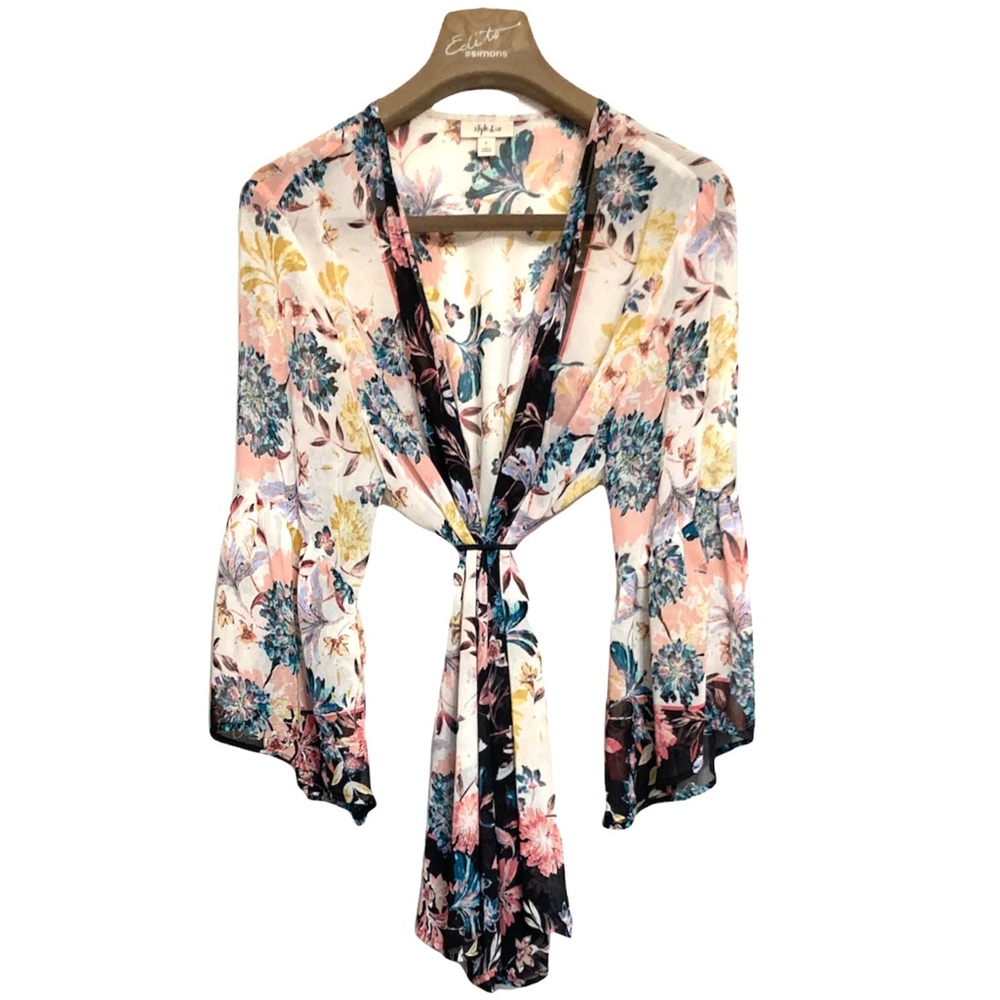 ❌SOLD❌LG•STYLE & CO•FLORAL SHEER OPEN CARDIGAN / COVER UP W WIDE FLARED SLEEVES• - Picture 1 of 6